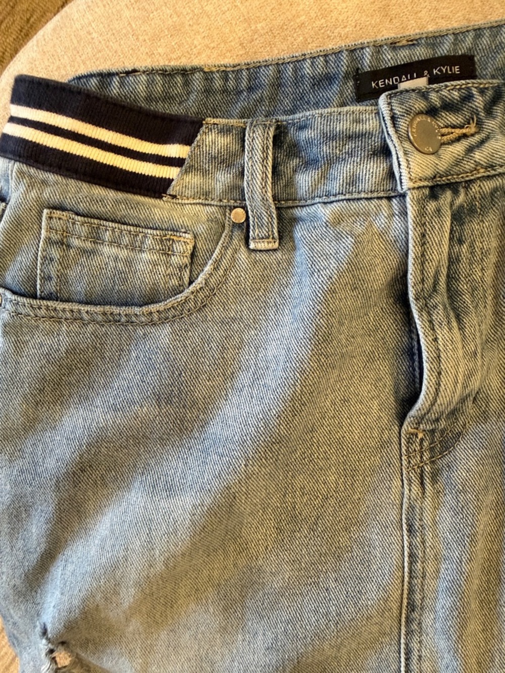 Kendall & Kylie Light Blue Distressed Denim Mini Skirt with Navy-White Band - Picture 4 of 7